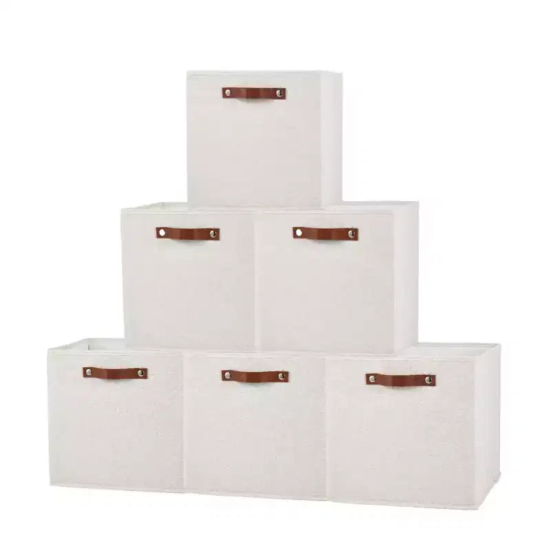 6-Pack 11 Inch Linen Storage Bins with Leather Handles, Foldable Open Front Cube Baskets for Closet Shelves