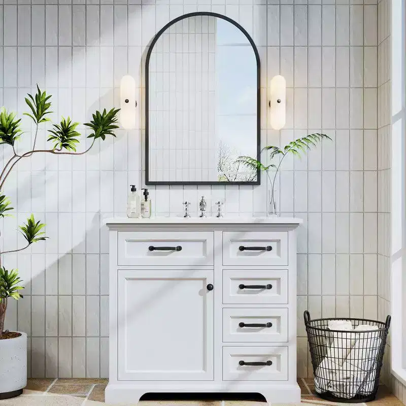 PexFix Bathroom Vanity with Top Ceramic Sink Freestanding Vanity Set 36 Storage Cabinet with Mirror 2 Tip-out Drawers Soft Close Door Hinges White