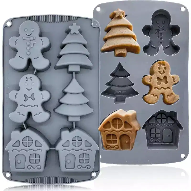 JDICTION Large Christmas Silicone Baking Mold - 3D Gingerbread Man/Christmas Tree/Candy House/Pine Tree Shapes, 1PC for Soap Chocolate Candle