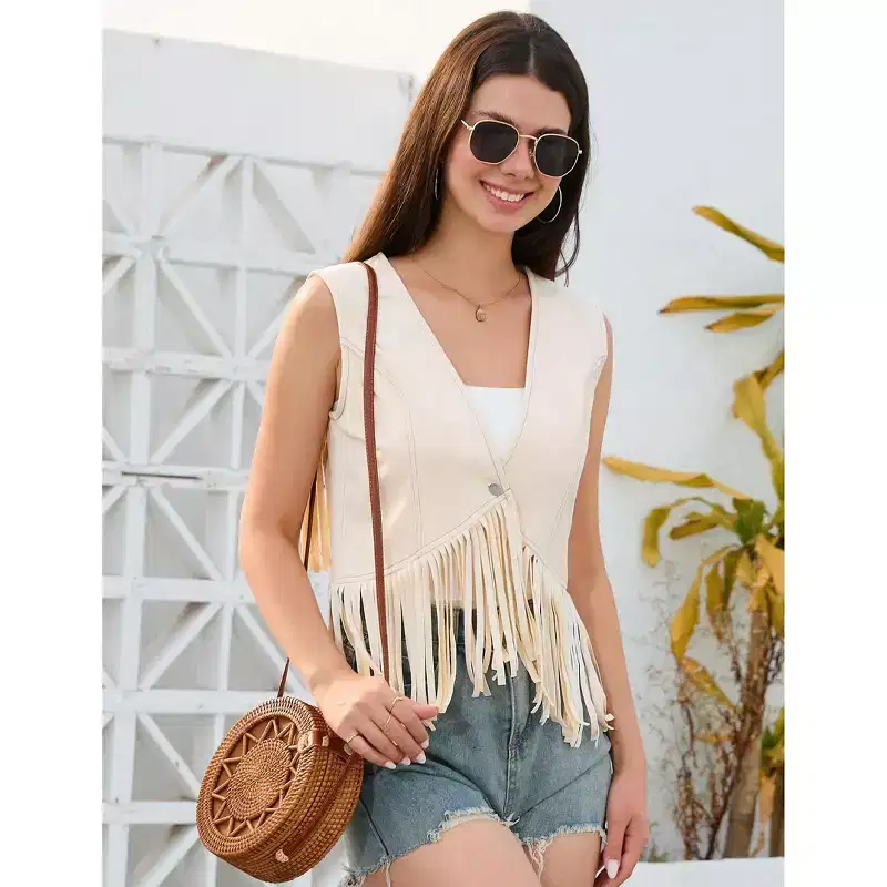 Coolmee Women's Casual Vests Denim Style Vacation Simple Vests Single Button Front Contrast Color Stitching Short Tassel Summer Vests 2XL Rice White