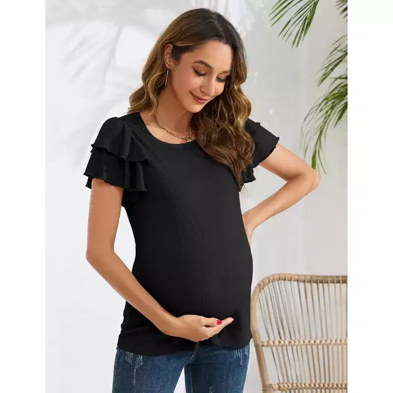 Coolmee Women's Maternity Shirts Nursing Tops Flying Short Sleeve Breastfeeding Tees Lightweight Side Ruched Pregnancy Clothes M Black