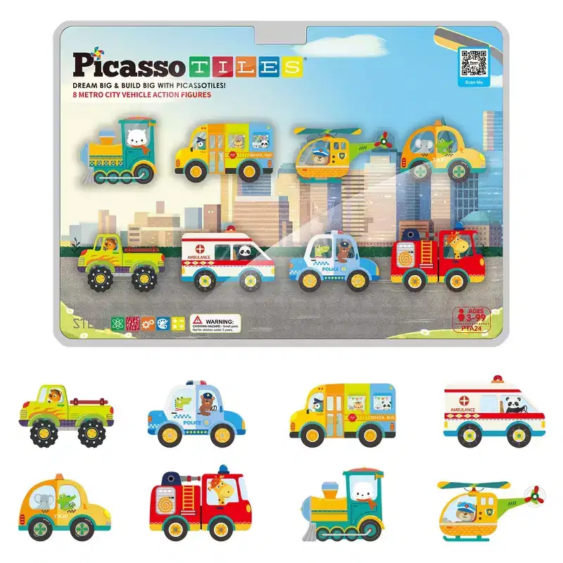 PICASSO-TILES 8PC Metro City Vehicle Magnet Building Set with Figures, STEAM Construction Magnetic Blocks Educational Toy for Kids Ages 3+