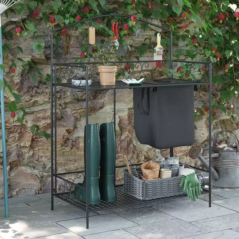 Whisen Patio Folding Potting Bench, Outdoor Metal Garden Work Station Table with Large Build-In Bag and 5 Hanging Hooks - Black