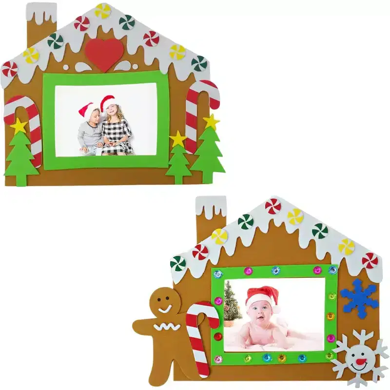 4E's Novelty Foam Gingerbread House Picture Frame Craft (12 Pack)  DIY Self Adhesive Christmas Photo Magnet Craft Kits for Kids Ages 3+ Bulk