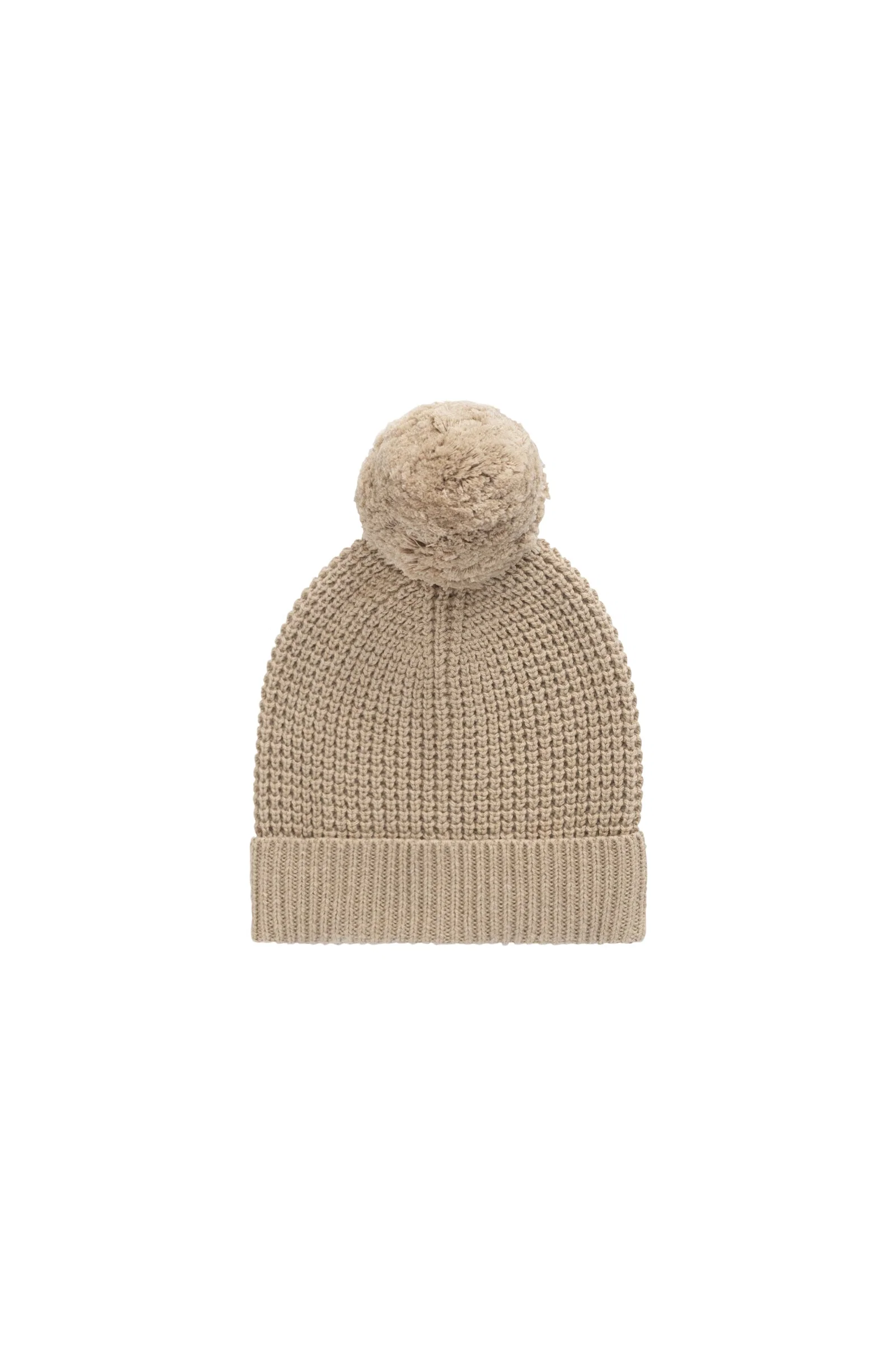 Classic Sand Dune Marle Solid Cotton Knit Beanie with Folded Brim & Pom-Pom Detail for Kids Cool Weather Accessories