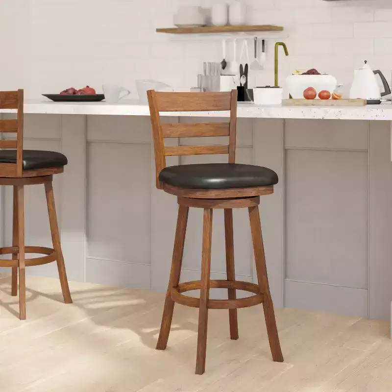 Black Vinyl Ladderback Swivel Bar Stool, Wood Frame, 1-Seat