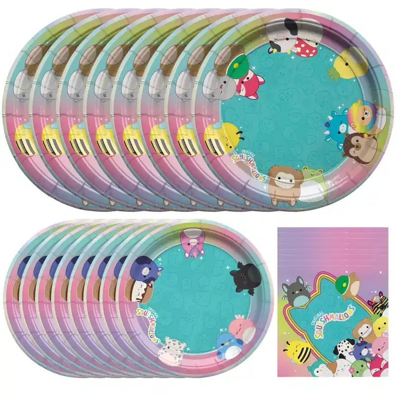Treasures Gifted Squishmallows Birthday Party Supplies - Tableware Starter Set for 16 Guests - Plates & Napkins