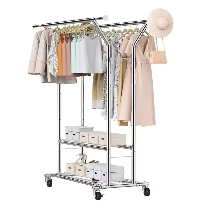 VIYET Rolling Clothes Rack - Carbon Steel, 2 Hanging Rods, 2 Storage Shelves,264LBS Load, Adjustable Height