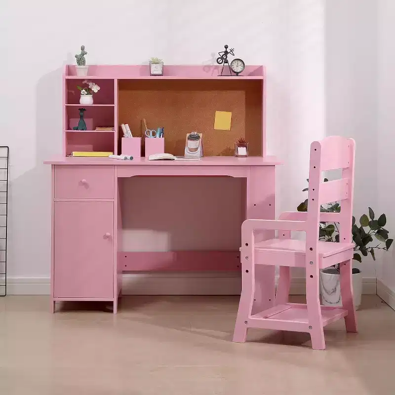 Acekool Kids Desk and Chair Set with Bookshelf, Bulletin Board, Cabinet & Drawer, Wooden Study Table for Ages 3-8, White