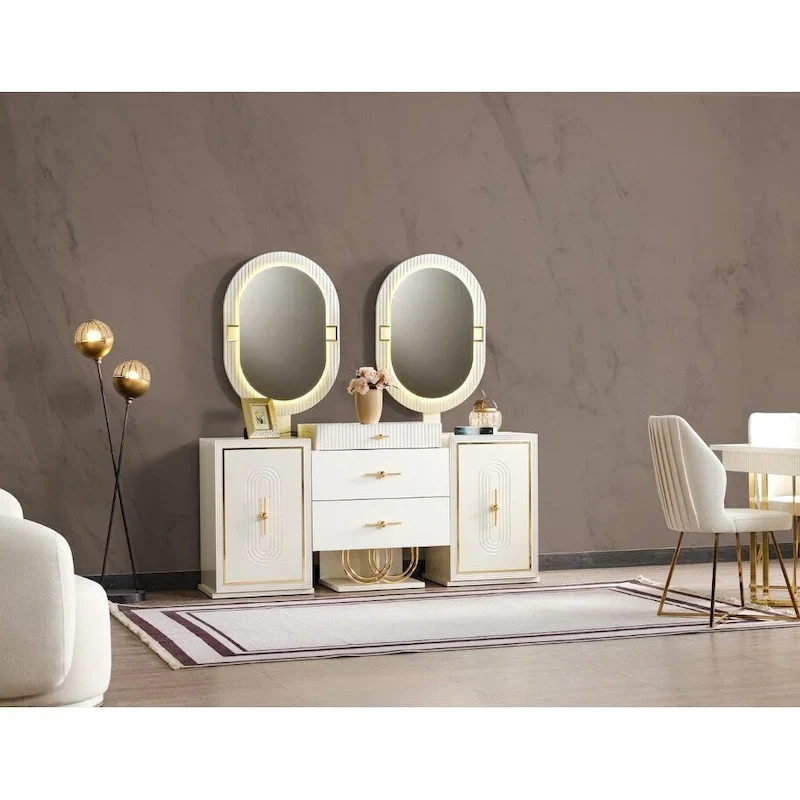 White High-Gloss Buffet Sideboard with Dual Oval LED Mirrors Gold Hardware