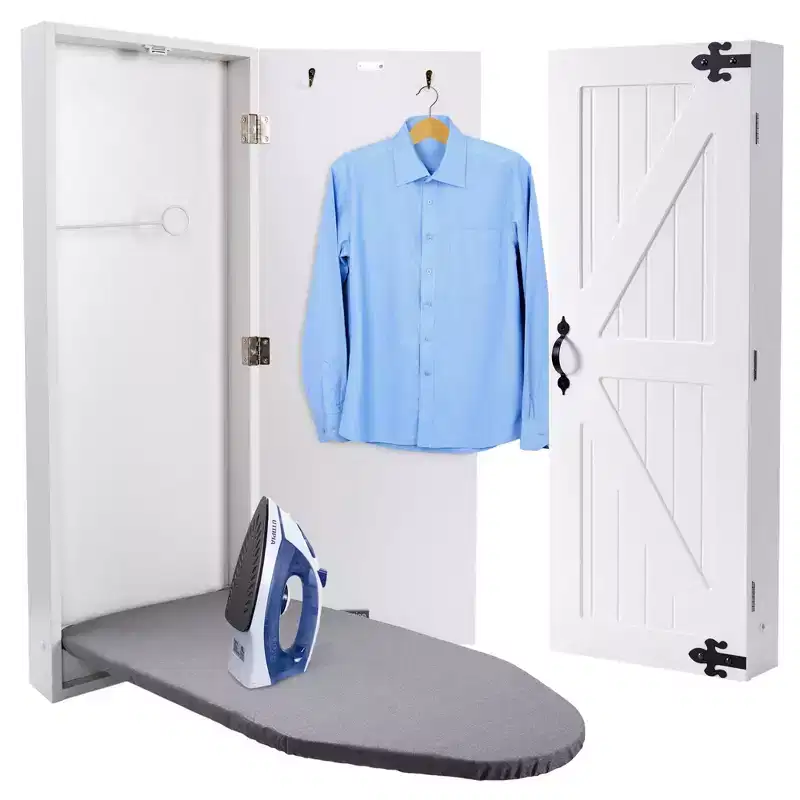 Ivation Ironing Board, Wall Mounted Ironing Board Cabinet W/Farmhouse Door & Release Lever, White