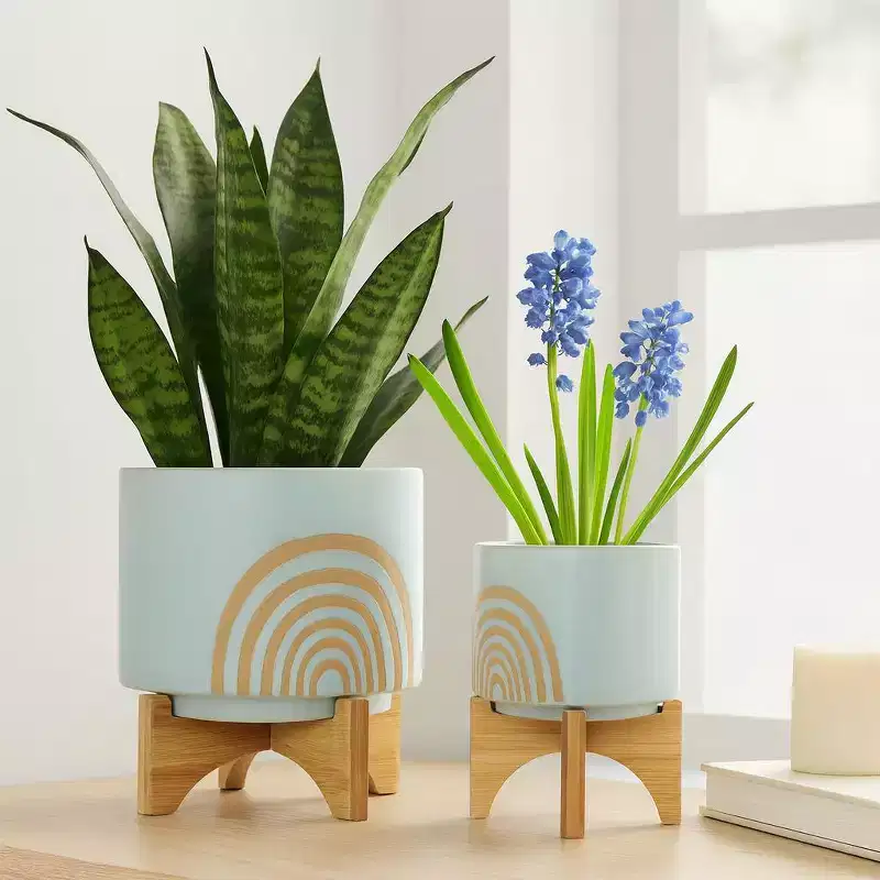 Arch Ceramic Planters with Wooden Stand for Home Decor - Flower Pots for Living Room, Entryway, Patio, and Garden - Set of 2, 11, 7, Green & Tan