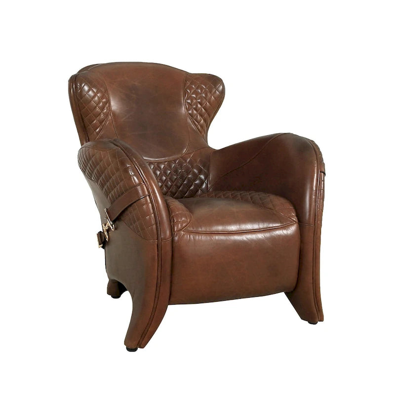 Top Grain Leather Wingback Chair &ndash; Brown, Quilted, Solid Wood Legs, Seats 1