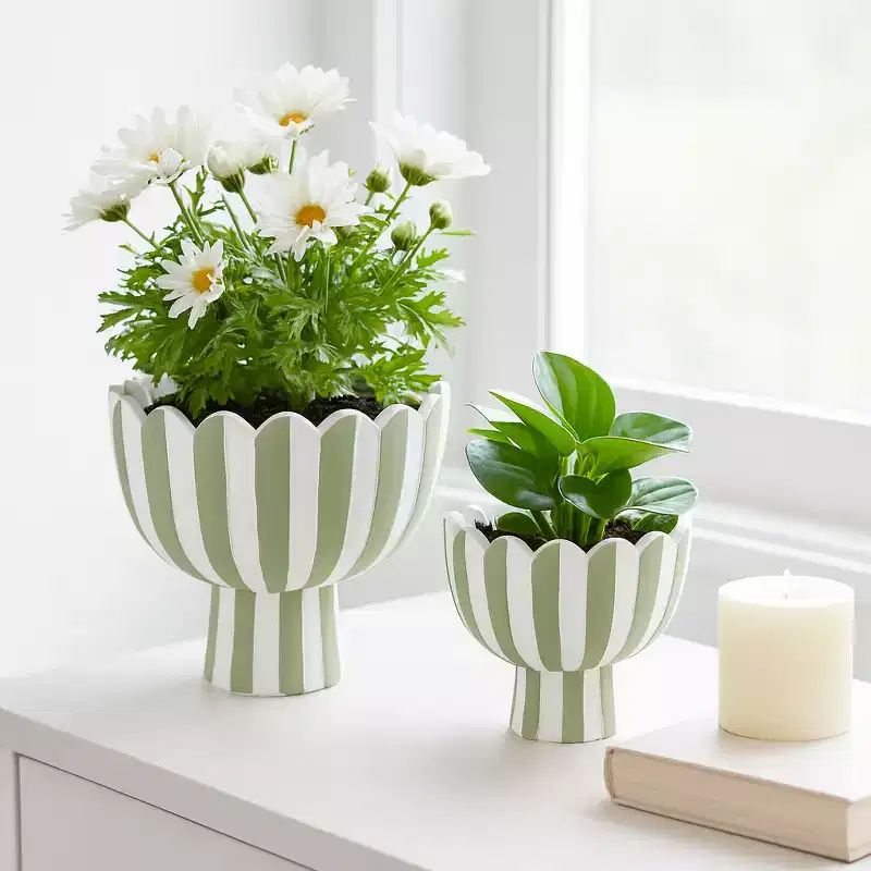 Round Flower Pots for Home Decor - Ceramic Textured Scallop Edge Striped Plant Pots for Garden Style Spaces - Set of 2, 8, 6, White & Green