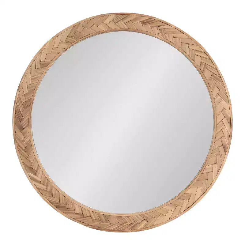 24"  Round Coastal Mirror - Woven Chevron Wood Frame, Brown