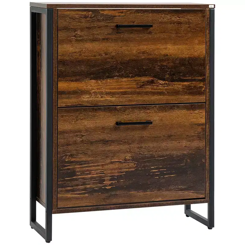 HOMCOM Shoe Cabinet with 2 Flip Doors, Slim 2-Drawer Shoe Cupboard with Divider and Open Compartment for 12 Pairs of Shoes, Rustic Brown