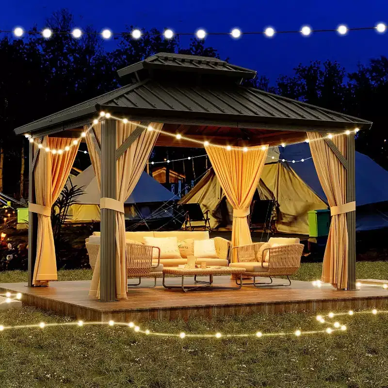 Dual-Layer Hardtop Gazebo, Heavy-Duty Galvanized Steel Frame with Netting & Curtains, All-Weather Aluminum Pavilion for Patio, Garden, Lawn, Deck