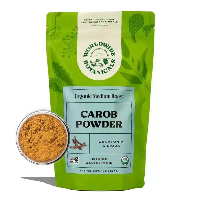 Worldwide Botanicals Organic Carob Powder, Medium Roast  1 lb  Caffeine Free Cocoa Alternative  Low Fat Super Food with Natural Sweetness
