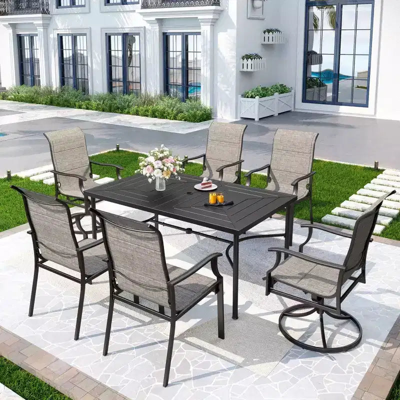 7pc Outdoor Dining Set with Rectangular Table with 1.9" Umbrella Hole & Padded Textilene Chairs - Gray/Black - Captiva Designs: Steel Frame