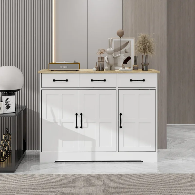 Farmhouse Sideboard Cabinet with 3 Drawers & 3 Doors �C White
