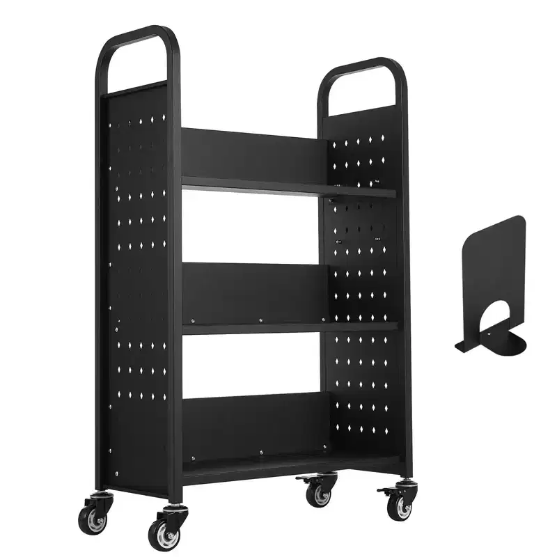 3-Tier Rolling Library Book Cart 鈥?Carbon Steel, 330 lbs Capacity, 30.3x15x48, Lockable Wheels
