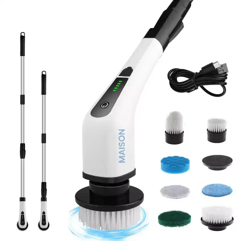 Maison Electric Spin Scrubber W/8 Alternative Heads Adjustable Speed & Handle Rechargeable Great For Bathrooms Showers Floors Kitchen Tiles Car & more