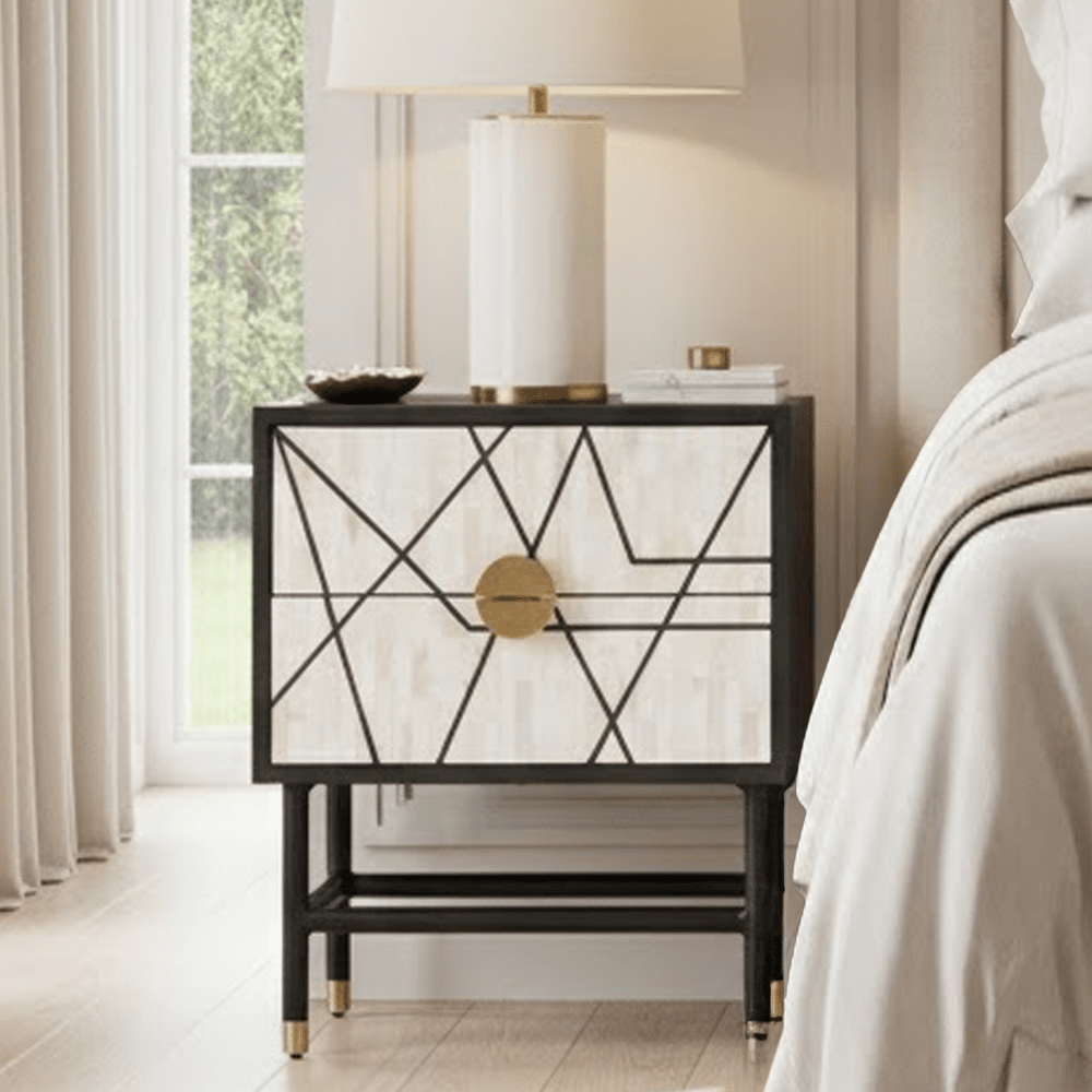 Abstract Monochrome Bone Inlay 2 Drawer Bedside Table