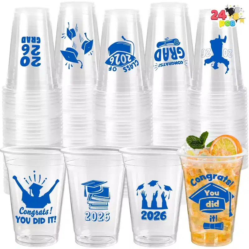 Joyfy 24 Pcs 16OZ Blue Graduation Cups, 24 Designs Disposable Tableware for Class of 2026 Graduates High School College Grad Party Supply Decor