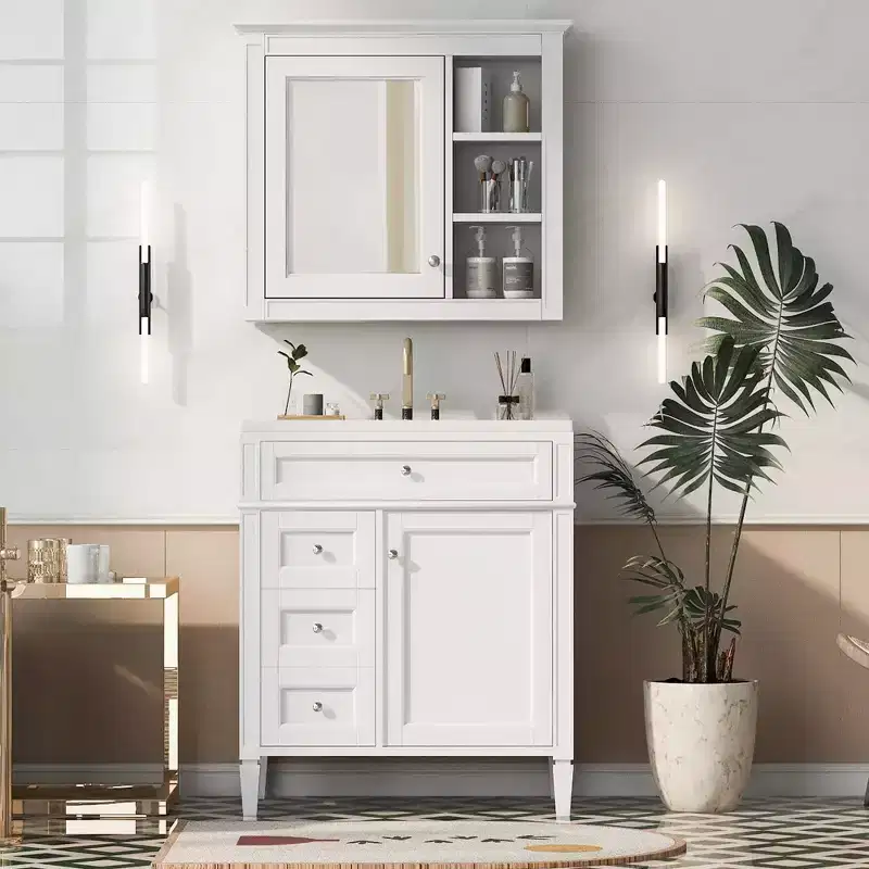 Okak Modern 30 Bathroom Vanity with Top Sink & Mirror Cabinet, Solid Wood Frame Storage Cabinet with 2 Drawers and a Tip-out Drawer