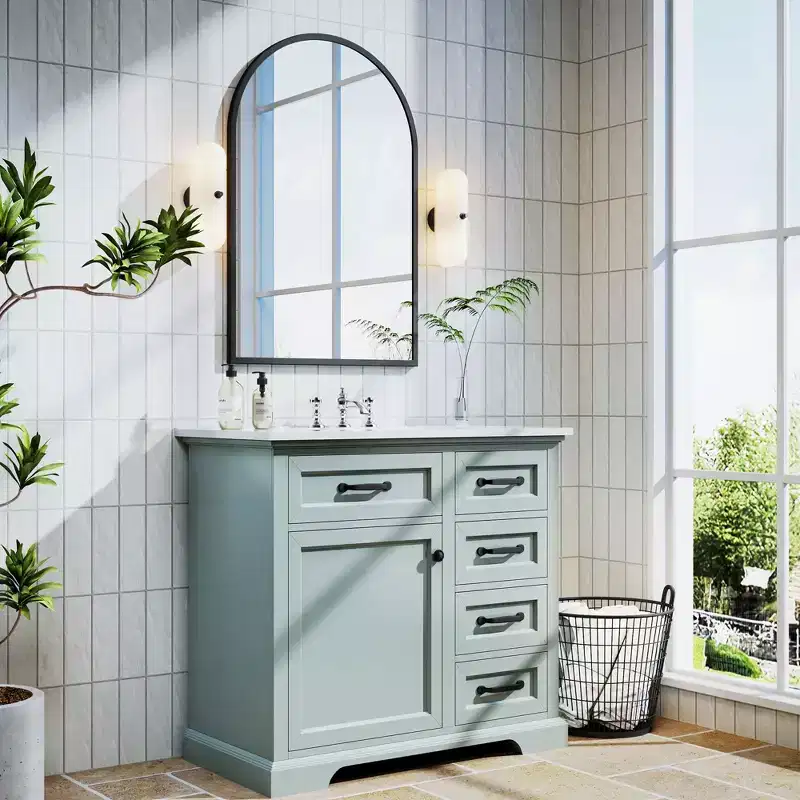 36 Grey Bathroom Vanity with Ceramic Sink and Aluminum Alloy Frame Wall Mirror 2 Tip-out Drawers Soft Close Door Hinges
