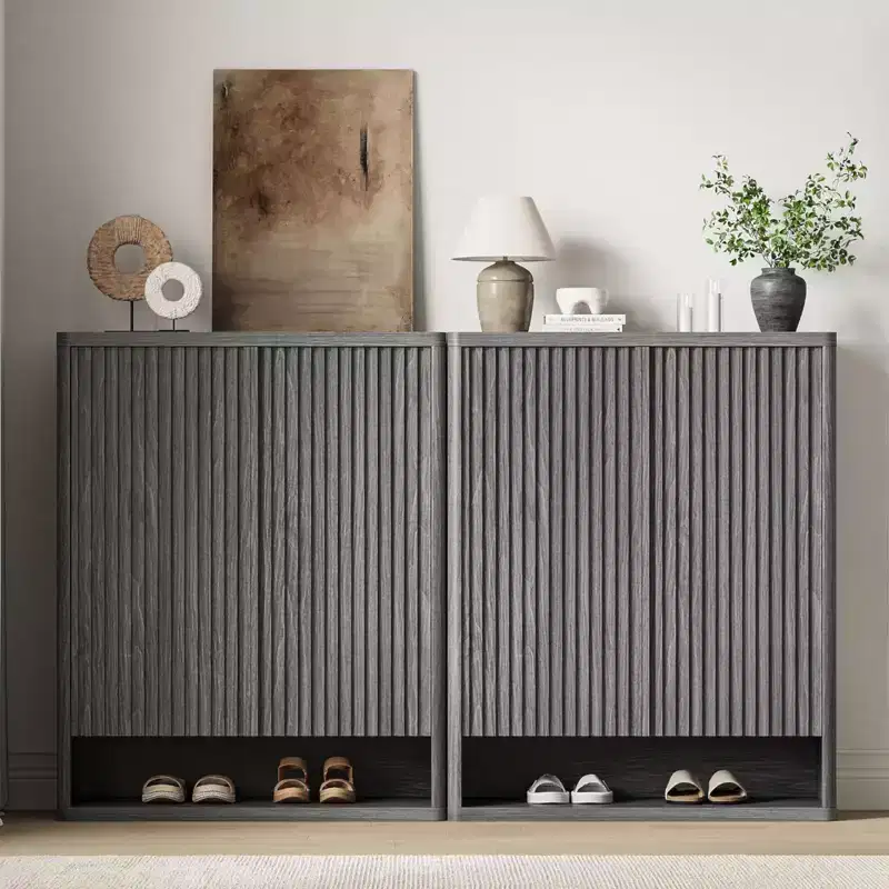 Shoe Cabinet, Entryway Cabinet  63 Tall 2-Pack Grey Wooden Cabinet Fluted Door Holds 50-60 Pairs Adjustable Shelves