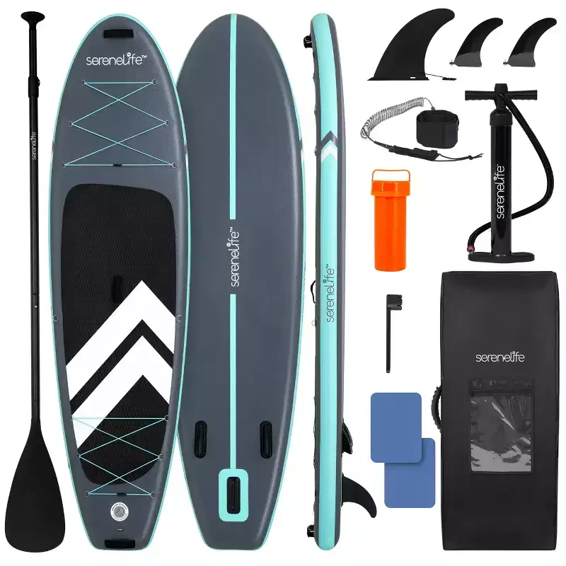 SereneLife Inflatable Stand-Up Paddleboard for Water Adventures with Double-Action Pump, Adjustable Paddle, Black