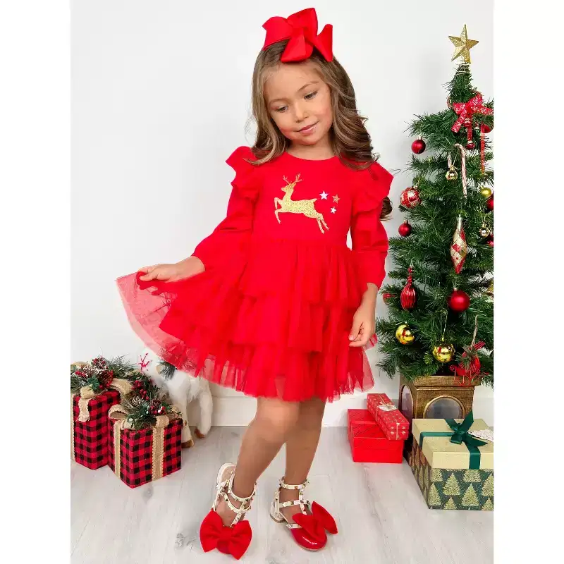 Golden Reindeer Ruffled Tutu Dress Mia Belle Girls