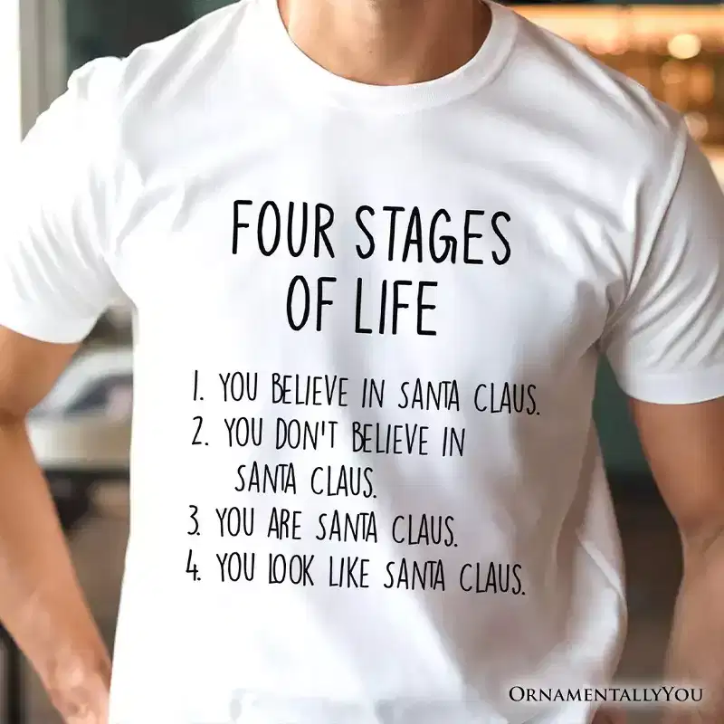 Mens Four Stages of Life Santa Claus T-Shirt, Holiday Humor Christmas Text Tee | OrnamentallyYou
