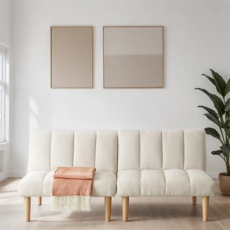 Convertible Sofa Bed with Corduroy Fabric and Wood Legs