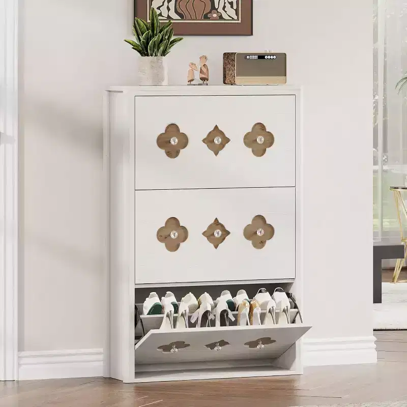 3-Drawer Flip Shoe Cabinet with Floral Pattern - Slim Freestanding Organizer for Entryway Hallway