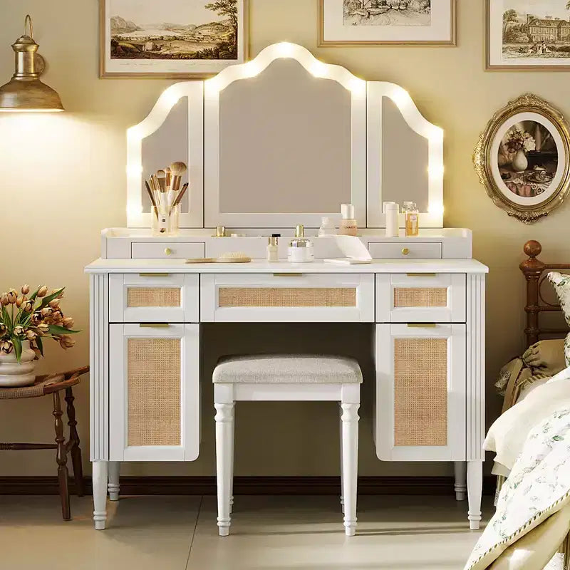 GDFStudio Lillian Boho Modern Wood Makeup Vanity Table with Tri-Fold Mirror, 13-Light Bulbs, 5 Drawers and Charging Station