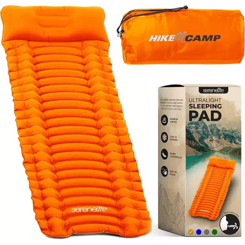 SereneLife Ultralight Sleeping Pad + Carrying Bag - Lightweight & Compact Air Mattress for Backpacking, Hiking (Orange)