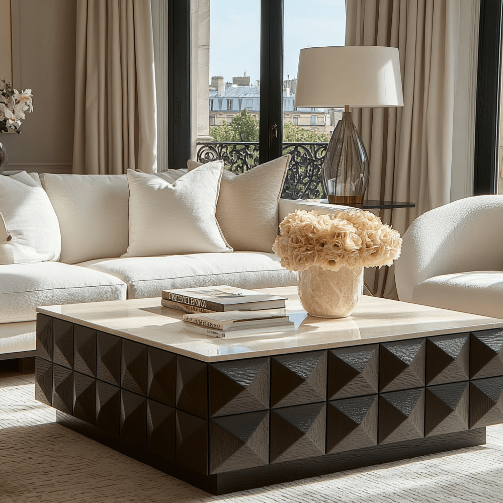 Deep Brown Square Coffee Table with Travertine Top