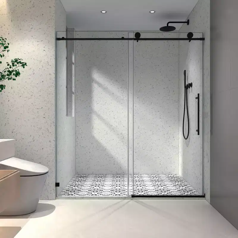 PexFix 76 in.x 60 in. Frameless Single Sliding Shower Door 8mm Tempered Glass With Adjustable Soft Closing Design for Spa Bathroom Matte Black