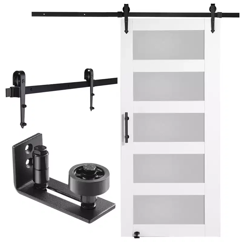 VEVOR Barn Door and Hardware Kit, 42 x 84 Wood and Glass Sliding Barn Door,Barn Door Kit with 8-in-1 Floor Guide and Door Handle,White&Black