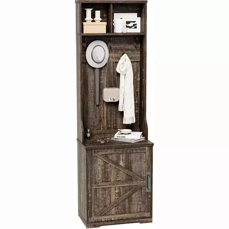 Coat Rack Freestanding - 77,5 Hooks, 2 Open Cubbies & Shoe Cabinet - Space Saving Entryway Furniture for Hallway, Living Room