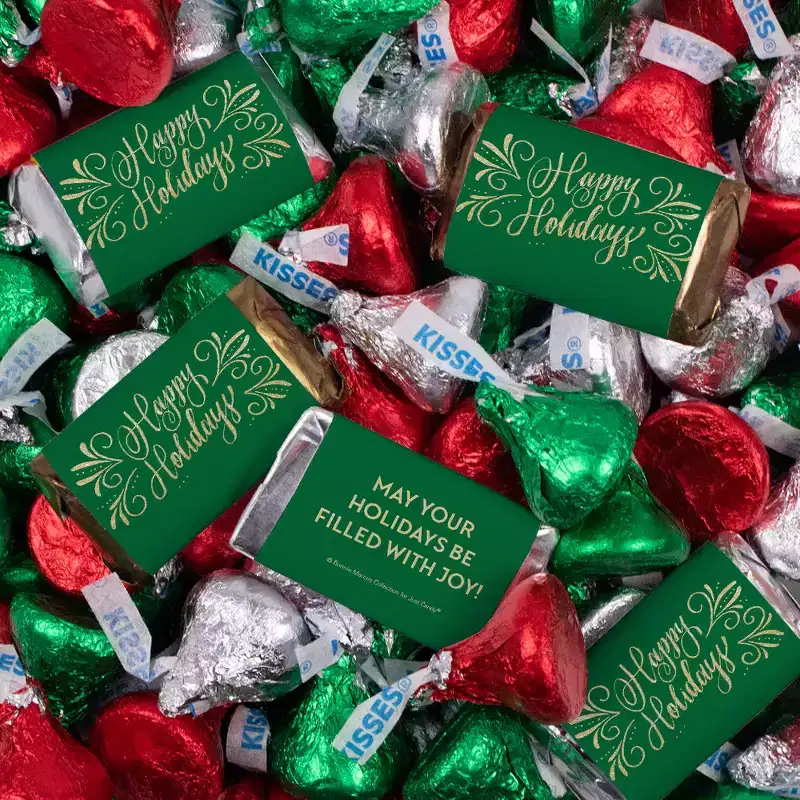 124 Pcs Christmas Candy Chocolate Party Favors Hershey's Miniatures & Red, Green & Silver Kisses (1.52 lbs, Approx. 124 Pcs) - Happy Holidays