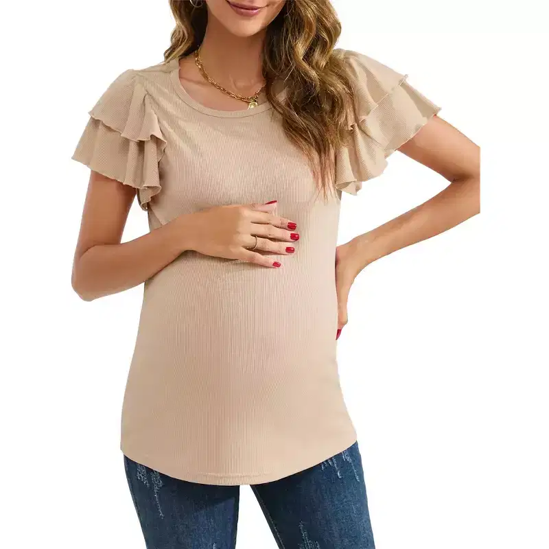 Coolmee Women's Maternity Shirts Nursing Tops Flying Short Sleeve Breastfeeding Tees Lightweight Side Ruched Pregnancy Clothes XL Apricot