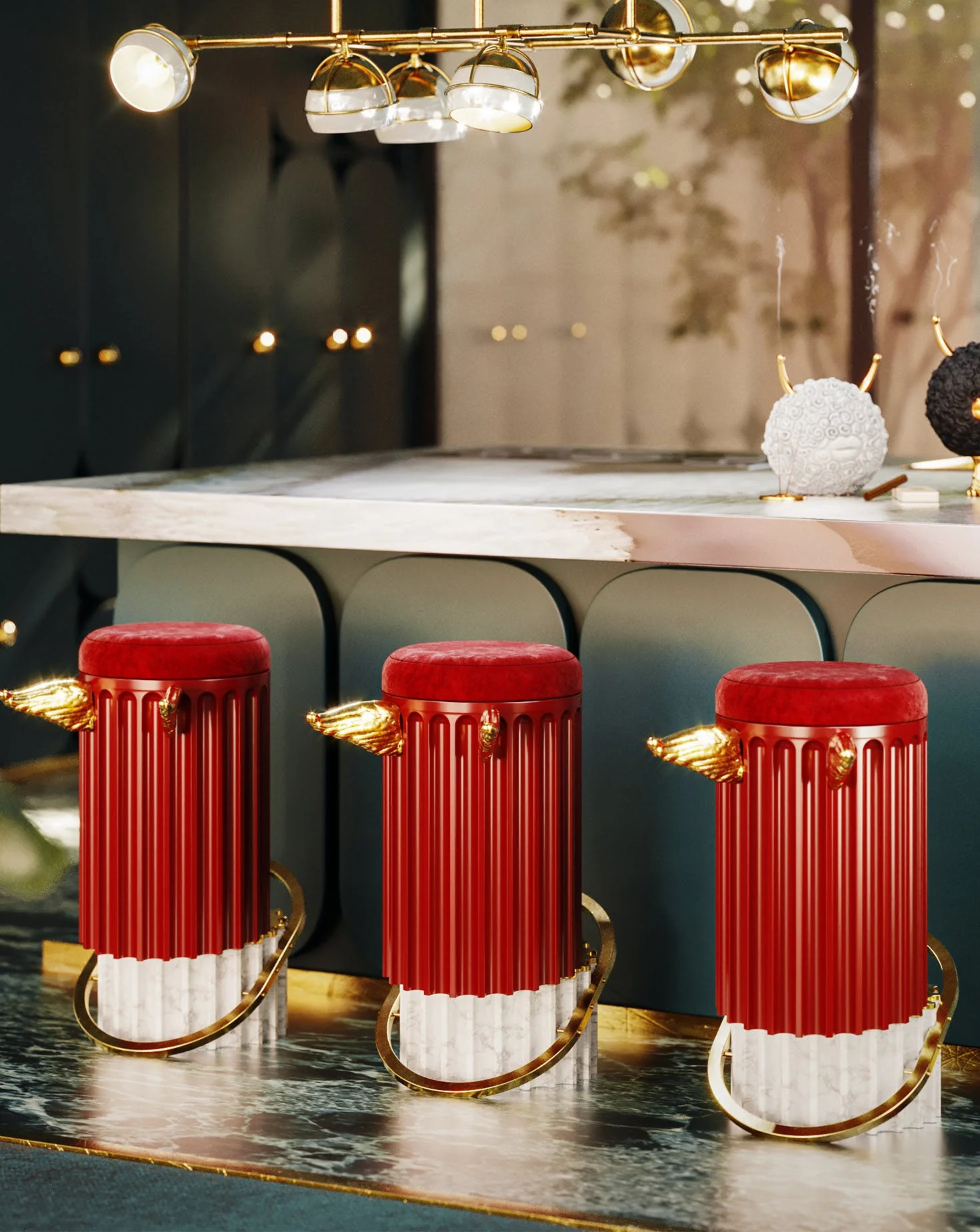 Marble Base Velvet Cushion Bar Stool