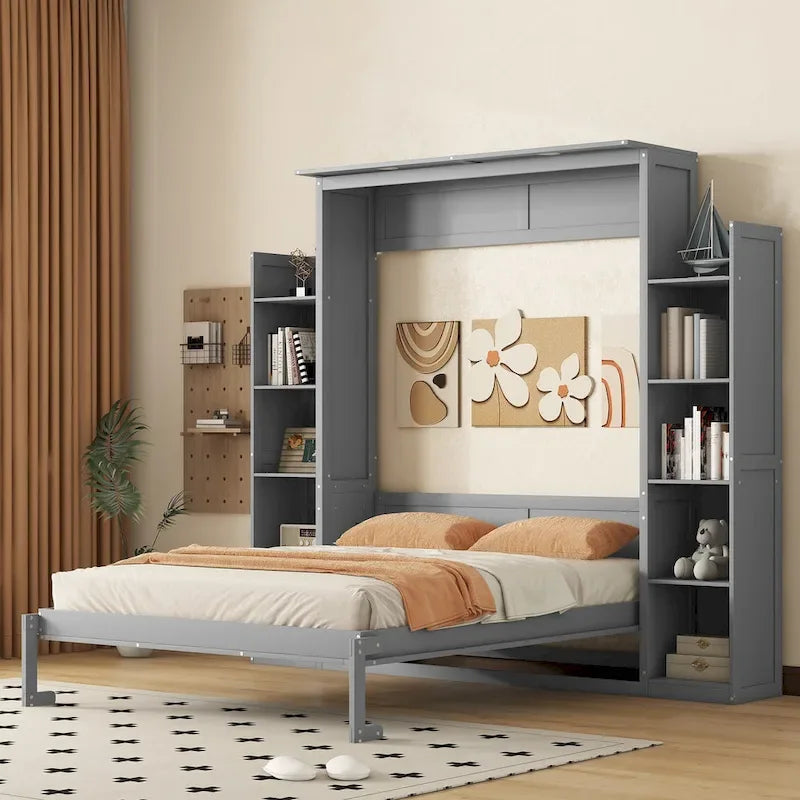 Queen Size Murphy Bed &ndash; Grey, MDF & Plywood, Shelves & LED Lights, Sleeps 1