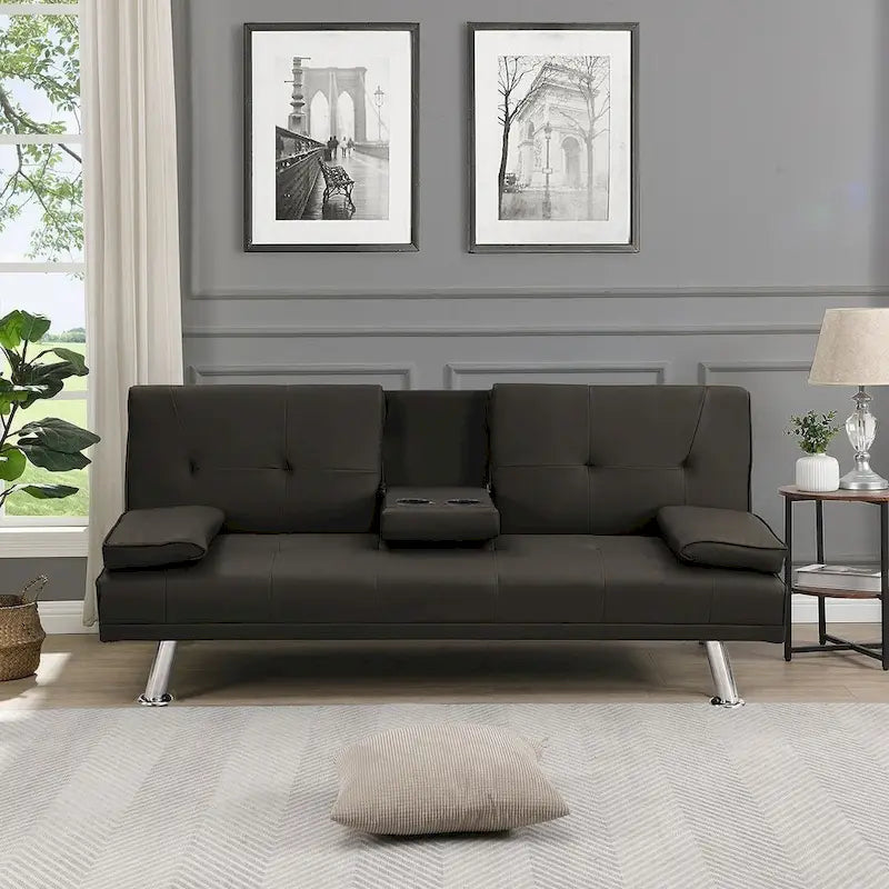 Convertible Sofa Bed &ndash; Black / Dark Brown, Faux Leather, 3-Position Recliner, Seats 2