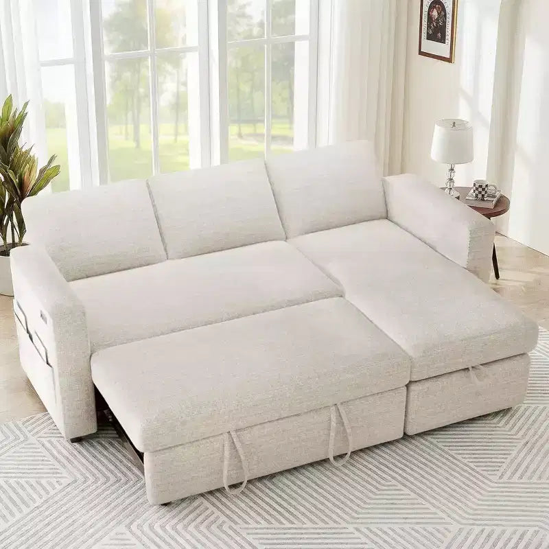 2-in-1 Pull Out Sleeper Sofa with Storage Chaise, Chenille Sectional Couch with USB Ports for Living Room