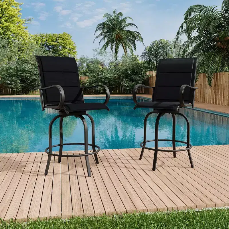 Coolmee Outdoor Swivel Bar Stools, All-Weather High Back Armrest Patio Chairs for Deck Lawn