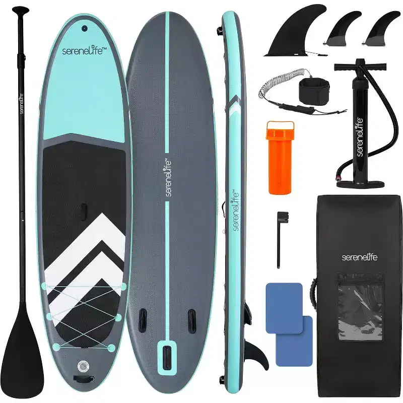 SereneLife Inflatable Stand-Up Paddleboard for Water Sports with Double-Action Pump, Lightweight Design, Includes Adjustable Paddle